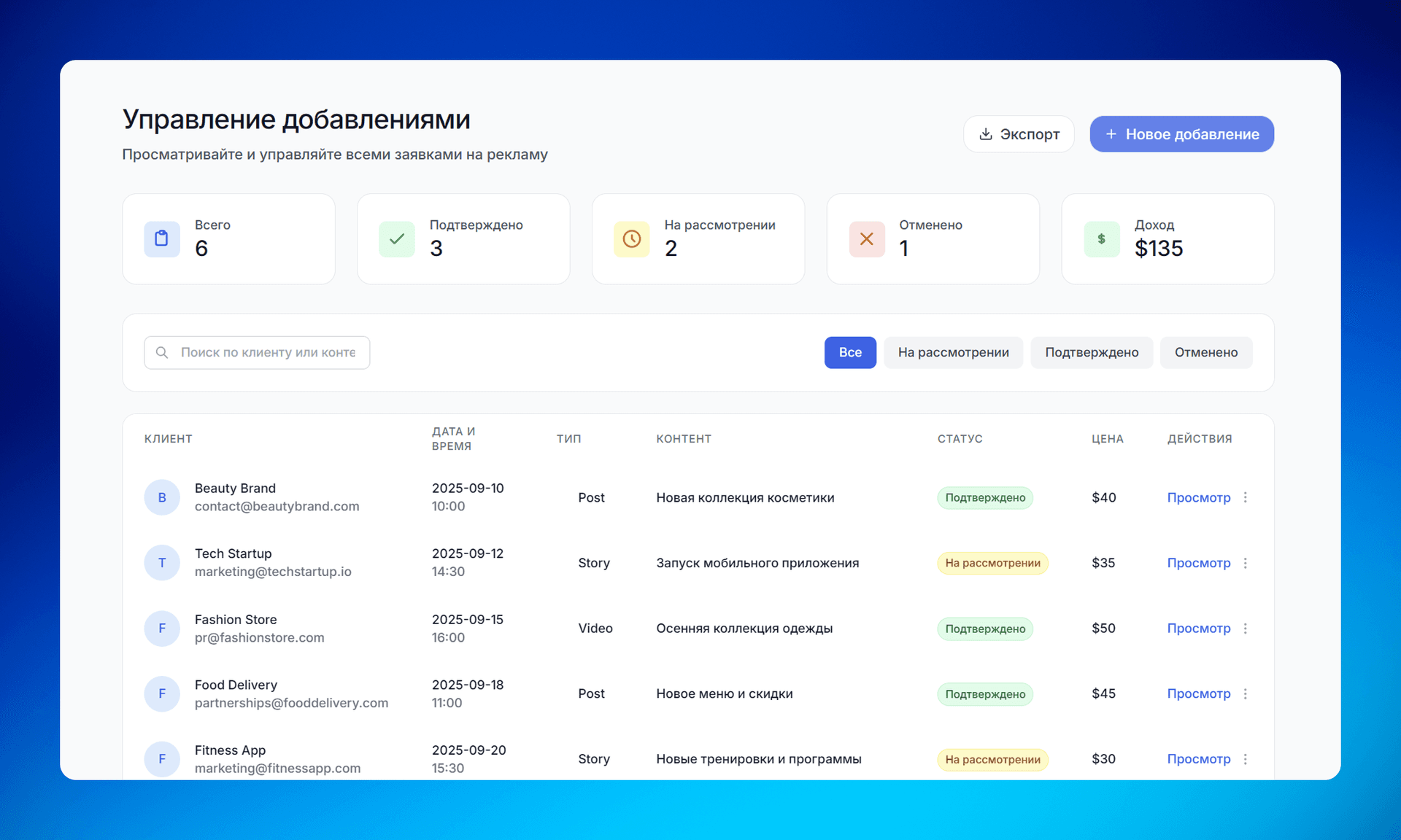 Интерфейс управления рекламными заявками